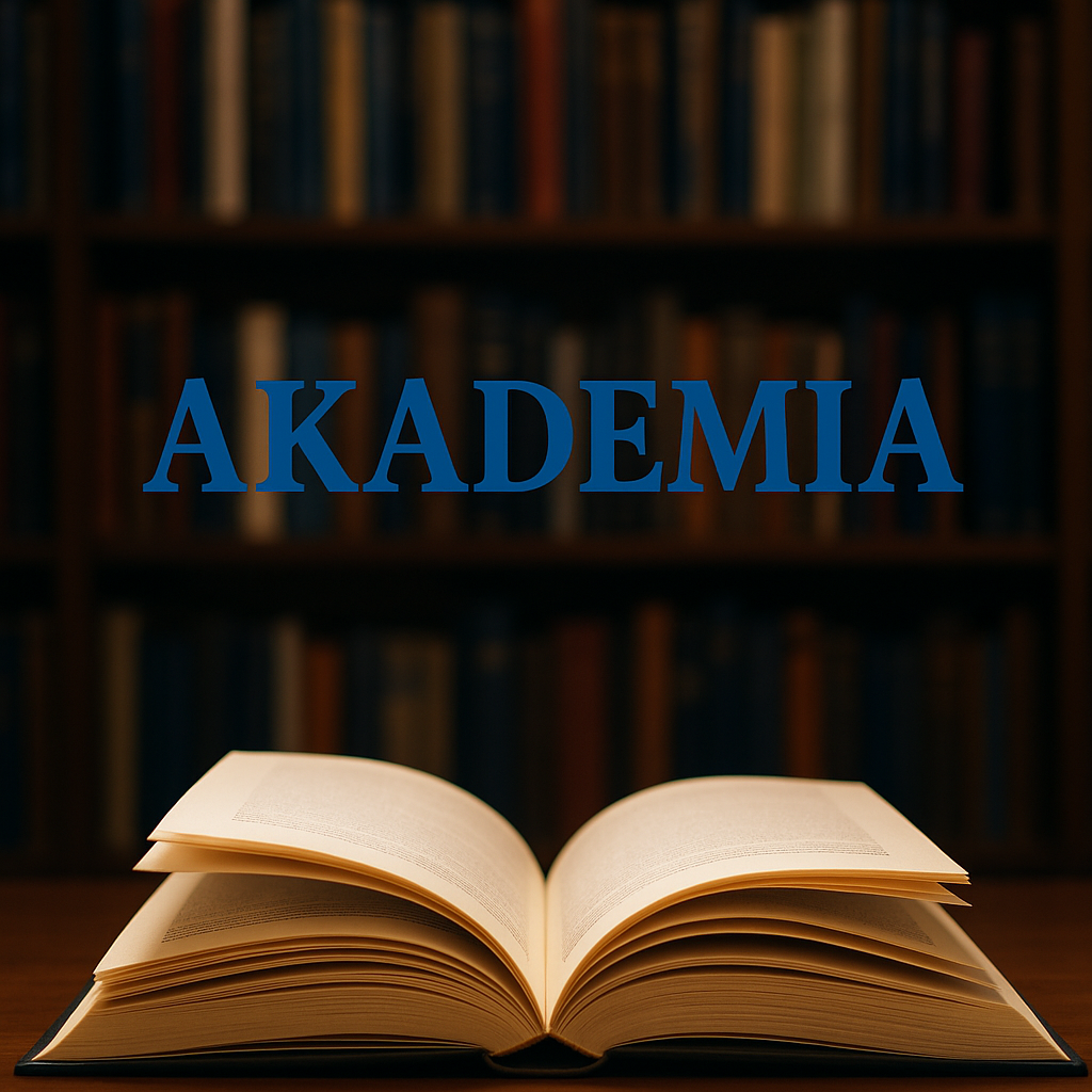 Gambar halaman utama jurnal Akademia menampilkan judul jurnal "Akademia" dalam font serif berwarna biru tebal, yang ditempatkan secara mencolok di tengah dua buku terbuka dengan halaman yang diterangi lembut, melambangkan pendidikan. Di latar belakang, terdapat rak buku yang penuh dengan buku-buku akademis, menciptakan suasana ilmiah yang kaya. Gambar ini mencerminkan fokus jurnal pada bidang pendidikan dari Fakultas Keguruan dan Ilmu Pendidikan Universitas Kristen Tentena.